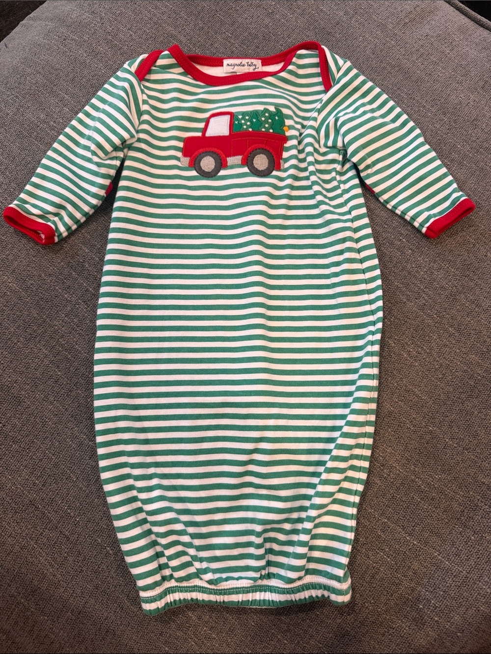 Magnolia Green and White Striped Sleep Gown with Red Truck Applique